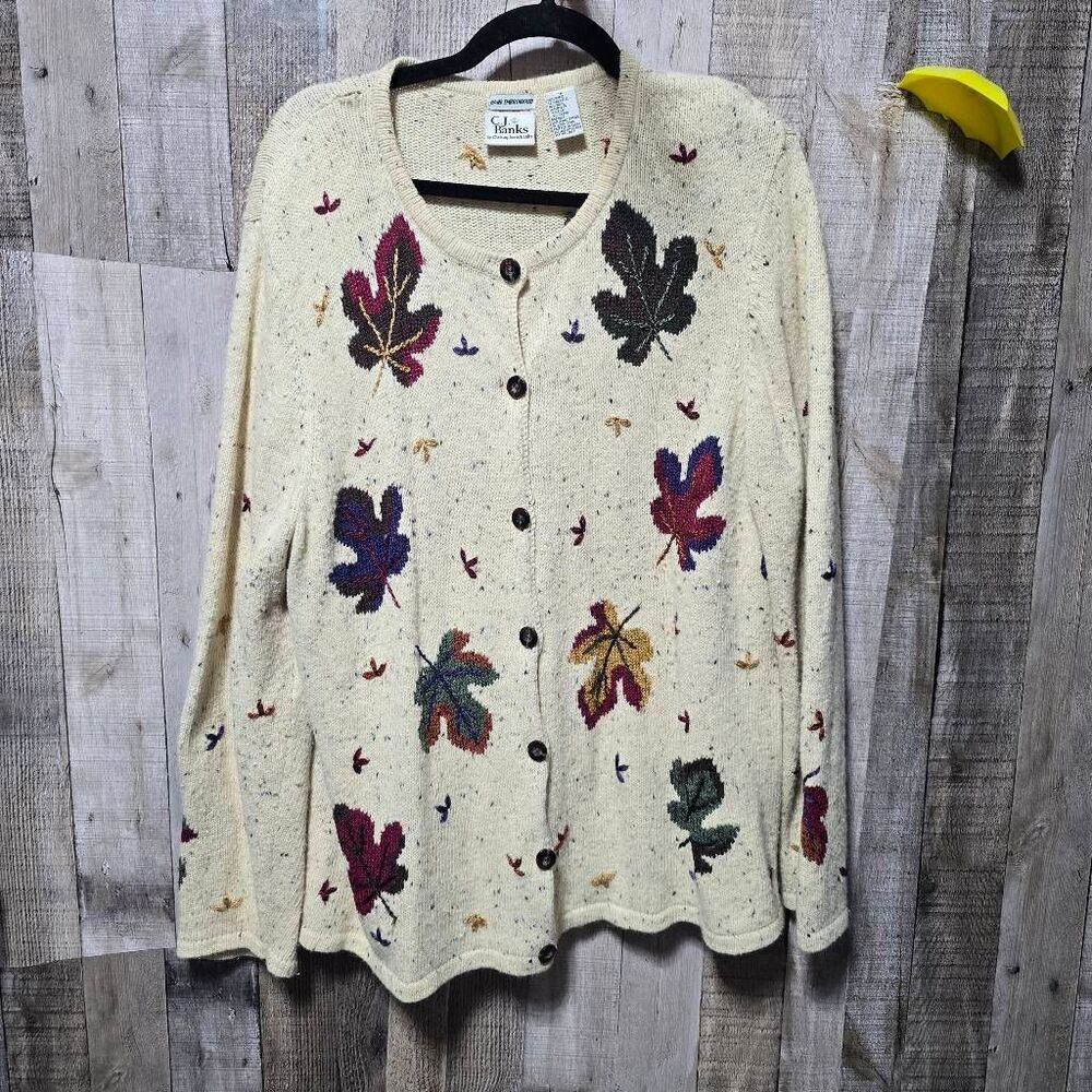Christopher & Banks Vintage Y2K Beige Laaf Embroidered Cardigan Sweater 1x Fall